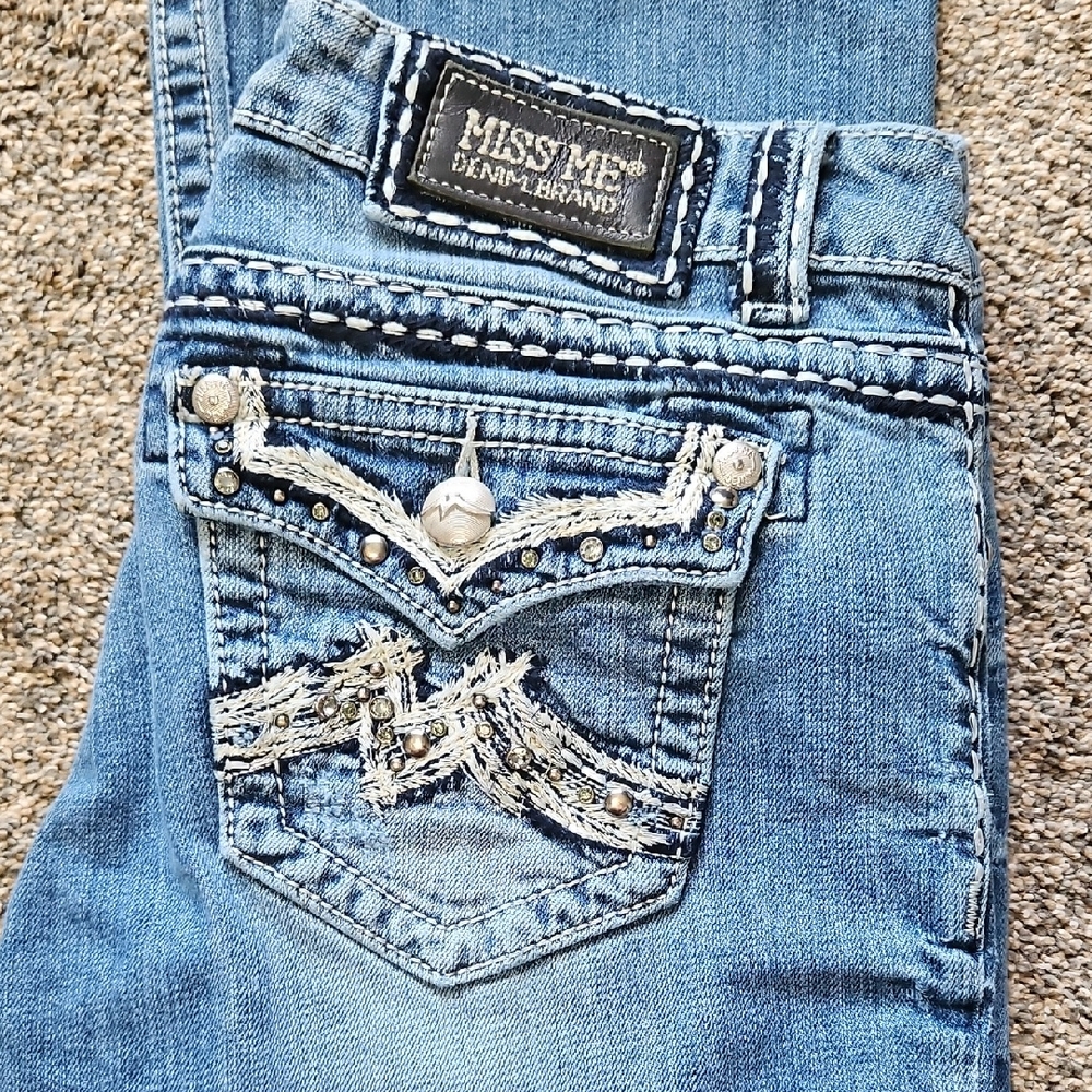 Miss Me Blue Boot Cut Jeans with Distinctive Embellishments